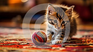 cute kitten at home playing with balls of yarn on the carpet