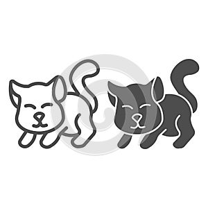 Cute kitten line and solid icon, domestic animals concept, cat silhouette sign on white background, playing kitten icon