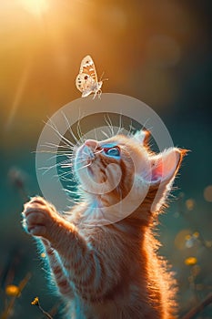 Cute kitten looking up at a butterfly in a field of flowers