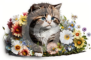 cute kitten many various floral flowers.