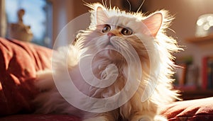 Cute kitten and playful dog sitting indoors, enjoying domestic life generated by AI