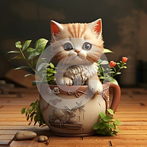 Cute Kitten In A Playful Flowerpot: Realistic And Detailed Renderings