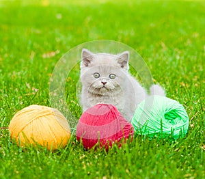 Cute kitten playing with clews of thread on green grass
