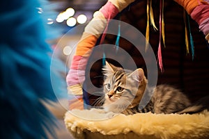 Cute kitten playing with a feather toy while sitting inside a cozy cat bed. Generative AI