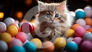 Cute kitten playing with yellow toy ball, having fun outdoors generated by AI