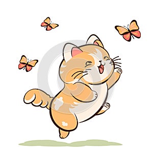 Cute kitten plays with a butterfly, vector illustration