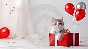 Cute kitten with a red balloons and a gift box. Birthday greeting card. Promotional banner for animal shelter, pet shop