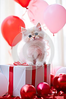 Cute kitten with a red balloons and a gift box. Birthday greeting card. Promotional banner for animal shelter, pet shop