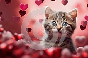 cute kitten in red and pink hearts as background