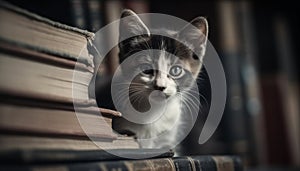 Cute kitten resting on bookshelf, staring at camera with curiosity generated by AI
