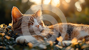 Cute kitten resting in the grass, staring peacefully generated by AI