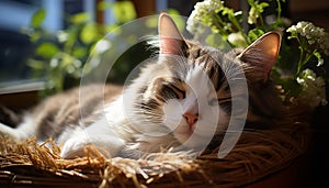 Cute kitten resting, staring with alertness, beauty in nature generated by AI