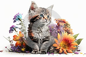 Lindo gatito muchos varios flores 