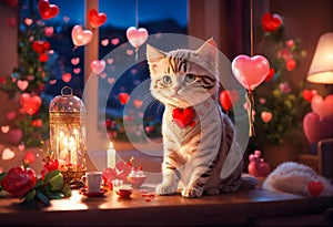 Cute kitten scottish breed sitting on a festively decorated table