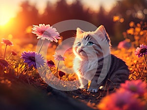 cute kitten siting on grass flower field over sunset warm light bokeh background.