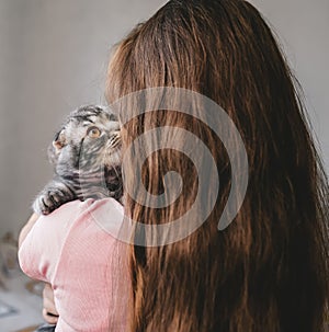 Cute kitten sits on the long-haired little girl`s shoulder and looks in up