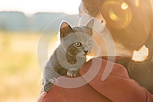 Cute kitten sits on a woman's shoulder.