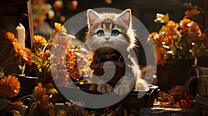 Cute kitten sitting in autumn garden with flowers and pumpkins.