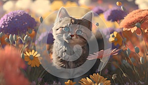 Cute kitten sitting in a field of flowers. 3d rendering