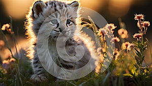 Cute kitten sitting in grass, looking at camera with softness generated by AI