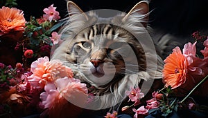 Cute kitten sitting in grass, surrounded by beautiful pink flowers generated by AI