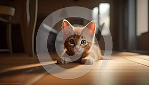 Cute kitten sitting, looking at camera, playful, fluffy, striped generated by AI