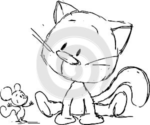 Cute kitten sitting with mouse - cartoon