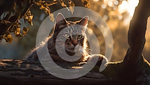 Cute kitten sitting in nature, staring at sunset with alertness generated by AI