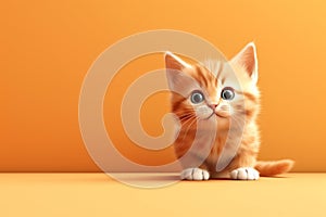 Cute kitten sitting on the orange banner background. 3D illustration. space for text generative ai