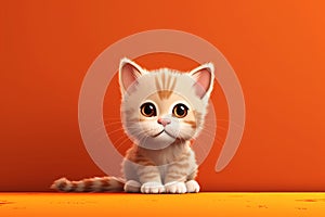 Cute kitten sitting on the orange banner background. 3D illustration. space for text generative ai
