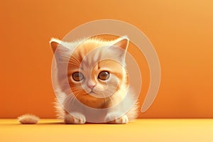 Cute kitten sitting on the orange banner background. 3D illustration. space for text generative ai