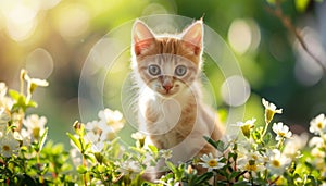 Cute kitten sitting outdoors, looking at camera with curious eyes