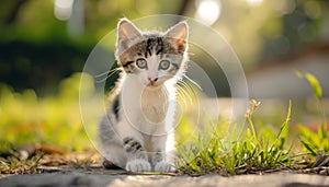 Cute kitten sitting outdoors, looking at camera with playful dog