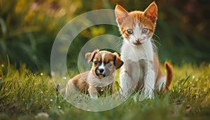 Cute kitten sitting outdoors, looking at camera with playful dog