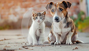 Cute kitten sitting outdoors, looking at camera with playful dog