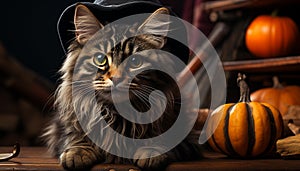 Cute kitten sitting on pumpkin, looking spooky for Halloween generated by AI