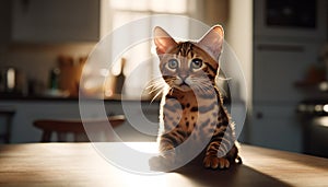 Cute kitten sitting, staring, playful, fluffy, striped, small, close up generated by AI