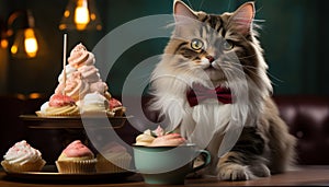 Cute kitten sitting on table, eating chocolate cupcake indoors generated by AI