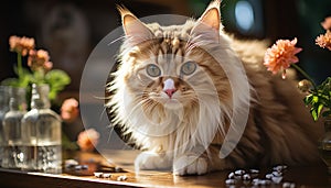 Cute kitten sitting on table, looking at camera with curiosity generated by AI