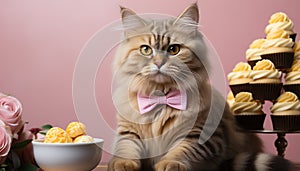 Cute kitten sitting on table, looking at camera, eating cupcake generated by AI