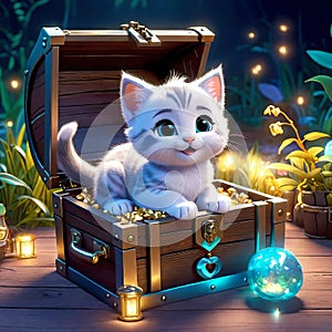 cute kitten sitting in a treasure chest surrounded by enchanted creatures, children\'s 3D animation