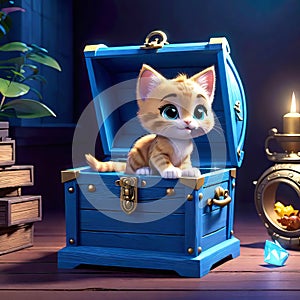 cute kitten sitting in a treasure chest surrounded by enchanted creatures, children\'s 3D animation