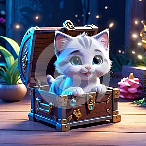 cute kitten sitting in a treasure chest surrounded by enchanted creatures, children\'s 3D animation