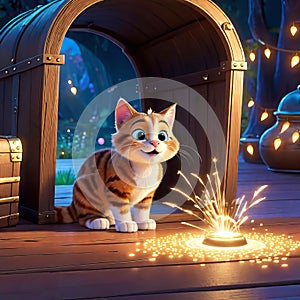 cute kitten sitting in a treasure chest surrounded by enchanted creatures, children's 3D animation