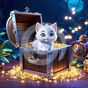 cute kitten sitting in a treasure chest surrounded by enchanted creatures, children's 3D animation