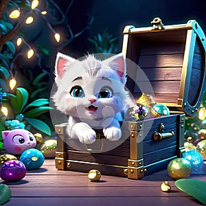 cute kitten sitting in a treasure chest surrounded by enchanted creatures, children's 3D animation
