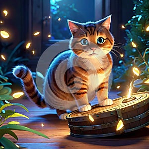 cute kitten sitting in a treasure chest surrounded by enchanted creatures, children's 3D animation