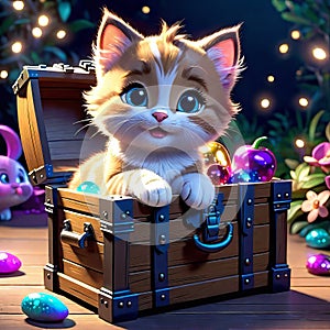 cute kitten sitting in a treasure chest surrounded by enchanted creatures, children's 3D animation