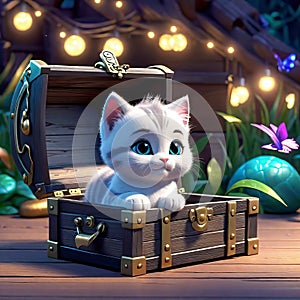 cute kitten sitting in a treasure chest surrounded by enchanted creatures, children's 3D animation