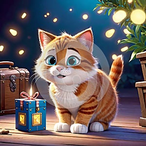 cute kitten sitting in a treasure chest surrounded by enchanted creatures, children's 3D animation